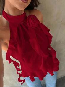 Top casual de vacaciones de unicolor con decoración floral 3D y plisado para mujeres - Rojo - Ver 7