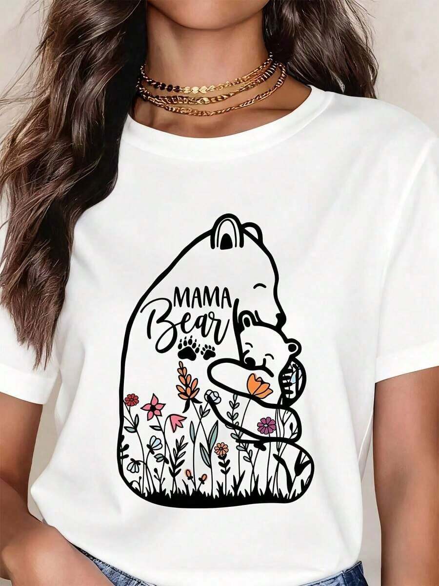 Playeras de Mujer, Camiseta de Cuello Redondo Blanca con Estampado de Mamá Oso con Bebé Oso y Flores, Ropa Casual para Mujeres y Regalo para el Día de la Madre - Blanco - Ver 1