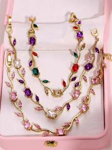3pcs/Set Gold Colored Crystal Flower Bracelet, Fashionable Unique Luxury Vintage Colorful Branch Bracelet Set, Women Gift, Suitable For Daily Wear, Festivals And Parties - Multicolor - View 2