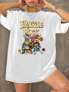 Women's Fraggle Rock Cartoon Character Print Short-Sleeve T-Shirt - Casual Vintage Style Crewneck Top, Soft Stretch Fabric, Machine Washable, All-Season Comfort, Cute Apparel For Music Fans, Opaque Material Minimalist Style Sweatshirt,Valentine Outfits For Women,Valentine's Day,Summer - 白色 - 查看 7