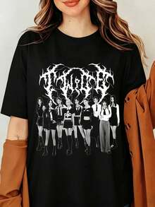 TWICE Kpops Dark Metal Graphic T-Shirt, Vintage Goth Style Unisex Cotton Tee, Aesthetic Idol Group Streetwear Black Short Sleeve Top, Retro Twice Graphic Tee, Twice This Is For Shirt, Twice Strategy Shirt, Twice Ready To Be Tee, Team Twice 5. World Tour Shirt - 黑色 - 查看 1