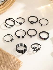 10pcs Black Minimalist Personalized Ring Set, Butterfly, Leaf, Heart Shaped, Suitable For Women's Daily And Party Wear, Jewelry Gift - Black - View 3