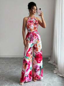 Women's Printed Jumpsuit With A Fitted Waist, Elegant For Holidays And Everyday Wear With A Halter Neck - 灰色 - 查看 12