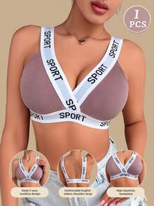 1pc Women Fashion Casual Letter Ribbed Soft Cup Bra, Comfortable Wireless With Pads, Medium Support Sports Bra Underwear - Pink - View 2