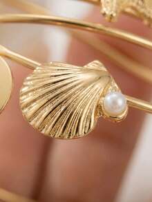 1 chiếc vòng tay hở dạng cuff mỏng họa tiết sọc sao biển, phụ kiện trang sức cơ thể thời trang mùa hè cho nữ, phù hợp dạo phố, tiệc tùng, đi biển và đeo hàng ngày - Vỏ ngọc trai - Xem 4