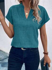 Camisa casual de mujer de manga corta con cuello entallado de unicolor, para verano - Azul 3 - Ver 6