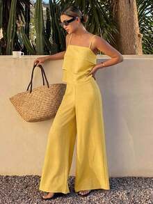 Conjunto de 2 piezas de top de tirantes con volantes y pantalones sueltos casuales de verano para mujer - Amarillo - Ver 1