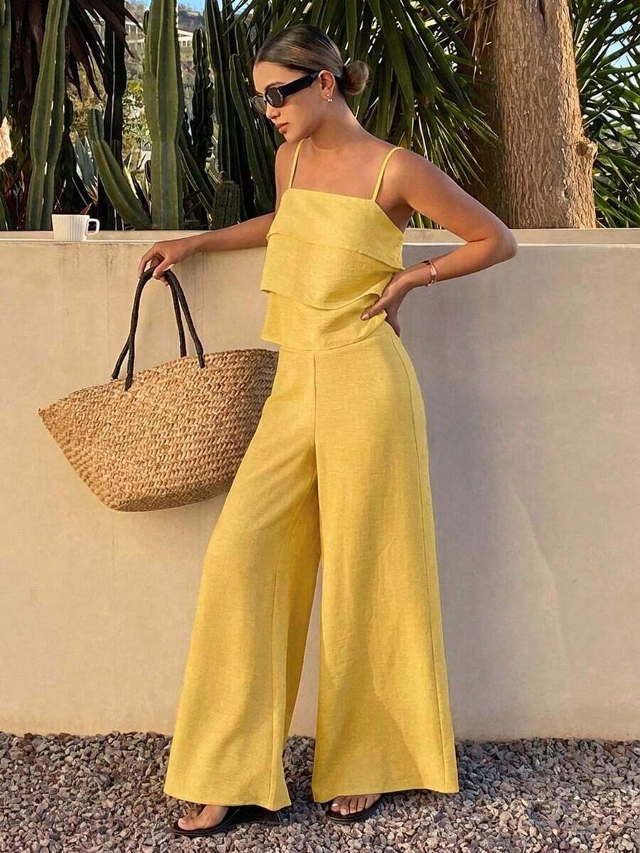 Conjunto de 2 piezas de top de tirantes con volantes y pantalones sueltos casuales de verano para mujer - Amarillo - Ver 1
