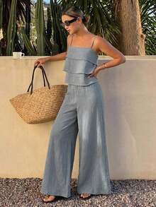 Conjunto de 2 piezas de top de tirantes con volantes y pantalones sueltos casuales de verano para mujer - Niebla azul - Ver 6