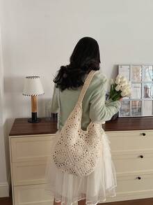 Bolso de mano grande con capacidad de carga, de estilo tejido y calado con inspiración natural, versátil para playa, vacaciones de verano y uso casual - Oro rosa - Ver 3