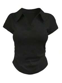 Camiseta casual versátil de mujer con cuello y mangas cortas plisadas - Blanco 2 - Ver 3