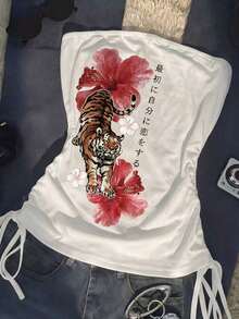 Top bandeau con diseño de cordón lateral y estampado floral para mujer - Multicolor - Ver 3