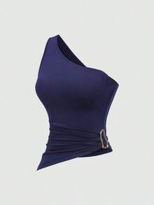 Conjunto de blusa con cuello asimétrico, un solo hombro y decoración de hebilla metálica, adecuado para vacaciones en la playa - Multicolor - Ver 6