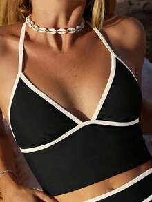 Bikini de 2 piezas con tiras de espagueti, copa triangular y shorts de cintura alta en contraste de azul y albaricoque, estilo dulce para mujer, Primavera/Verano 2026 - Blanco y Negro 2 - Ver 5