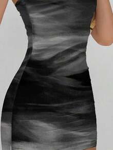 Vestido casual, elegante y sexy de estampado abstracto marrón café, tipo bandeau y ajustado, apropiado para el verano, vacaciones y fiestas - Gris Oscuro - Ver 6