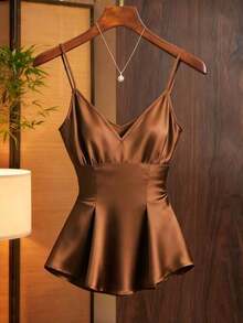 Top de tirantes plisado de unicolor, versátil y casual para uso diario de mujer - Marrón - Ver 6