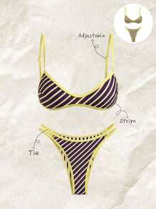 Set de 2 piezas Bikini de tirantes finos con estampado aleatorio para mujer, verano - Multicolor 3 - Ver 7