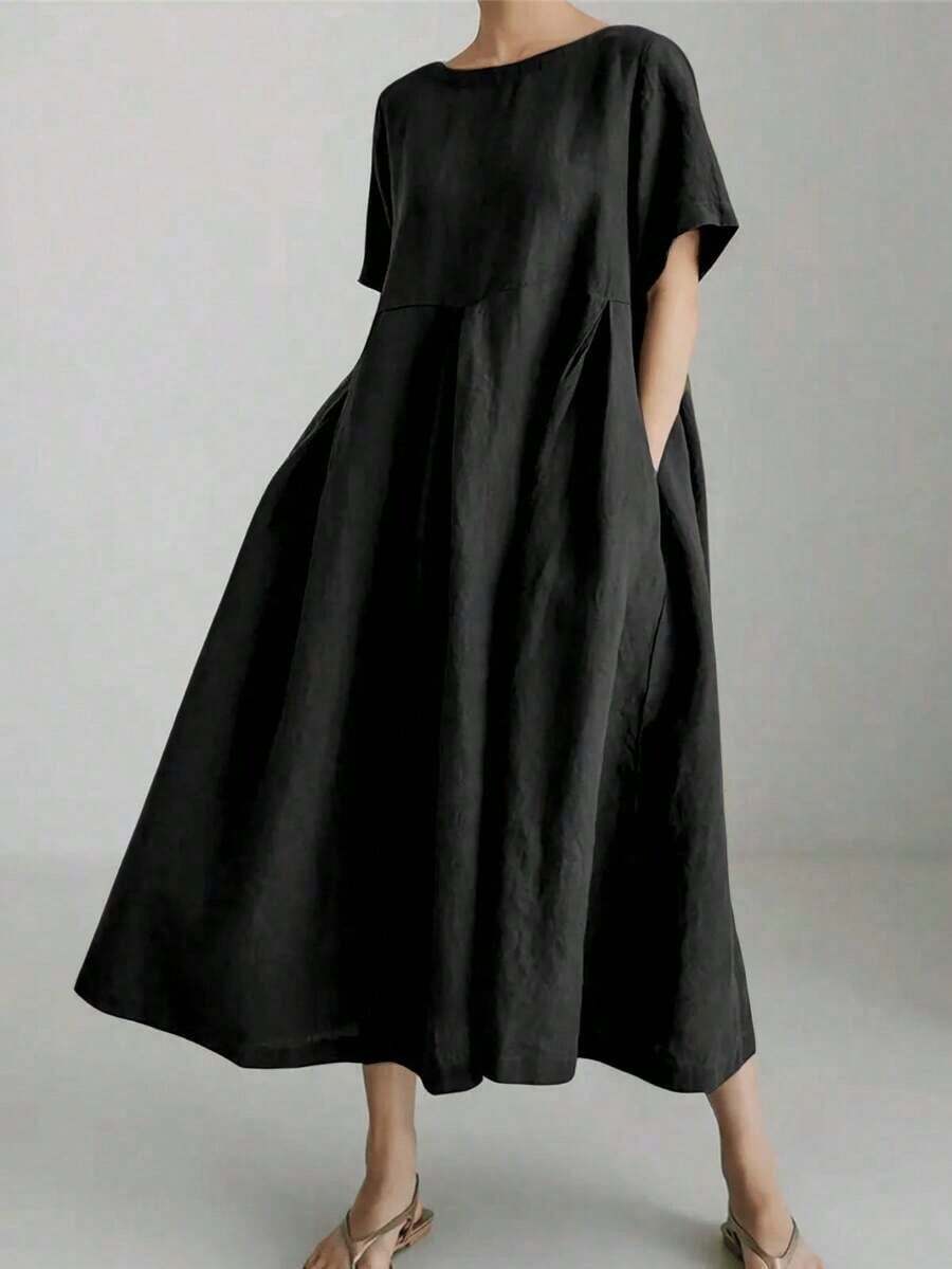Vestido de lino suelto, casual, elegante y cómodo para mujer.Vestido largo suelto de manga corta, con bolsillo, cuello redondo y unicolor.Ajuste relajado para el verano - Negro - Ver 1
