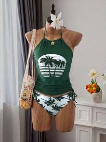 Conjunto de top de tankini con cuello halter y Bottom con estampado de palmeras, cordón y fruncido, para vacaciones y playa - Multicolor 3 - Ver 4