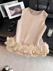 Blusa sin mangas de satén con doble capa y volantes, elegante, adecuada para salidas y citas de primavera/verano - Rosa vieja - Ver 1
