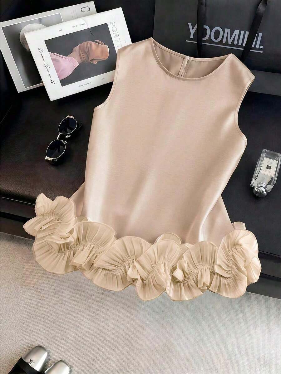 Blusa sin mangas de satén con doble capa y volantes, elegante, adecuada para salidas y citas de primavera/verano - Rosa vieja - Ver 1
