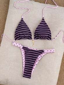 Conjunto de bikini reversible con estampado de lunares en contraste, con escote halter y nudo en la espalda, de estilo dulce y sexy, para vacaciones en la playa - Multicolor 3 - Ver 5