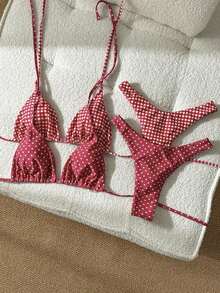 Conjunto de traje de baño de 4 piezas con cuentas marrón y a rayas, para primavera/verano 2026, conjunto de bikini de alta gama para resort de playa - Rojo - Ver 6