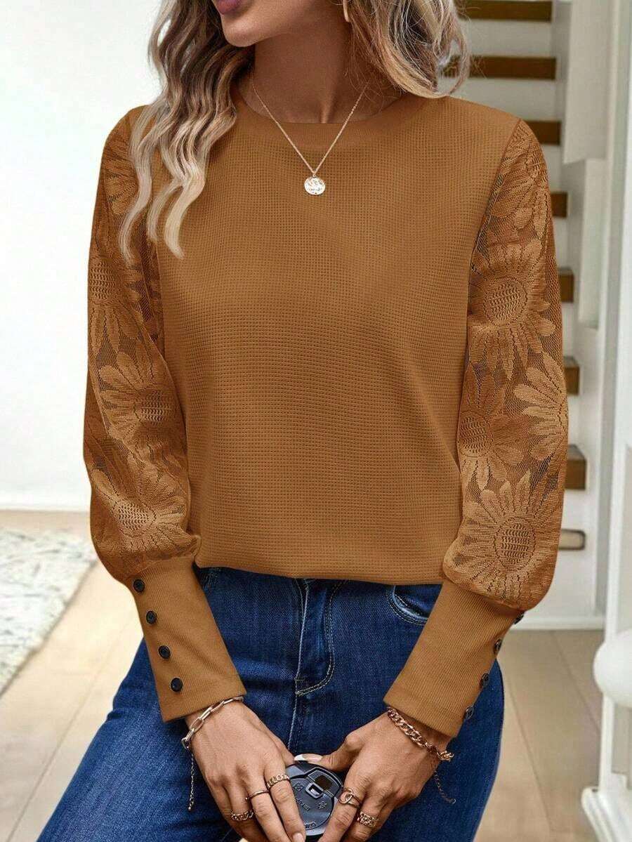Blusa de mujer con mangas de encaje floral, parches y tejido de gofre, color blanco - Café integral - Ver 1