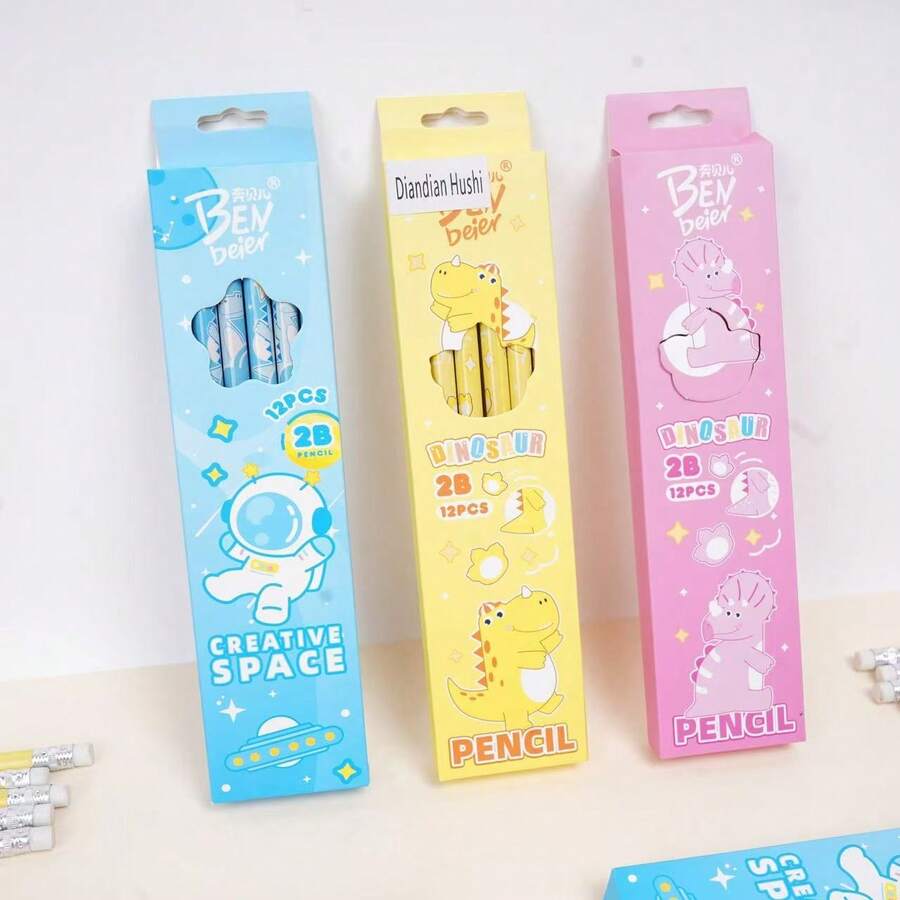 Bộ 12 bút chì 2B, bút chì gỗ họa tiết phi hành gia và khủng long dễ thương, viết trơn tru, thích hợp cho học sinh và văn phòng. - Tròn - Xem 1