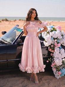 New Arrival European And American Fashion Pleated Ruffle Off-Shoulder Cinched Waist Flared Skirt, Party Evening Bridesmaid Dress - Pink - View 3