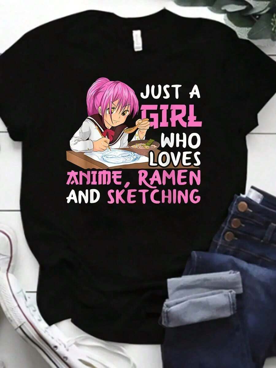 200g Polyester Casual Short-Sleeve T-Shirt With Anime And Alphabet Print, Round Neck, 1 Piece, Women's Clothing, Loose Style, Casual And Versatile, Y2k T-Shirt. - 黑色 - 查看 1