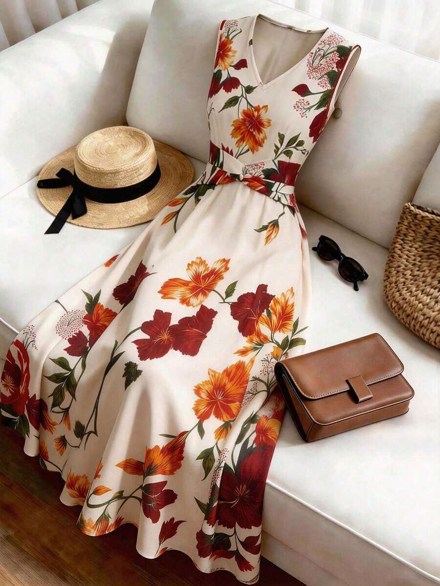 Vestido casual de mujer sin mangas con estampado de posicionamiento simple, vestido acampanado con cintura ceñida, adecuado para verano casual, vacaciones, primavera/verano, oficina, diario, fiesta, playa, graduación, uso versátil de oficina, ves - Multicolor 9 - Ver 1