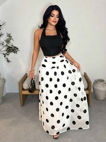 Falda plisada casual y versátil con estampado geométrico para citas y salidas, con silueta de línea A para mujer - Blanco y Negro - Ver 5