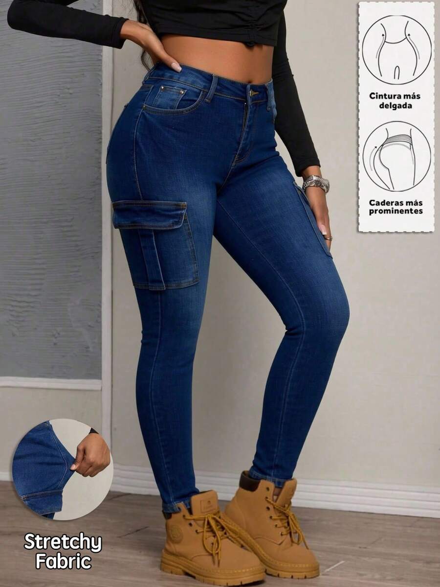 Skinny Cargo Jeans, Washed, Stretchy, With Multiple Pockets, Butt-Lifting Effect, Tummy Control And Fitted Cuffs - Dark Wash - View 1