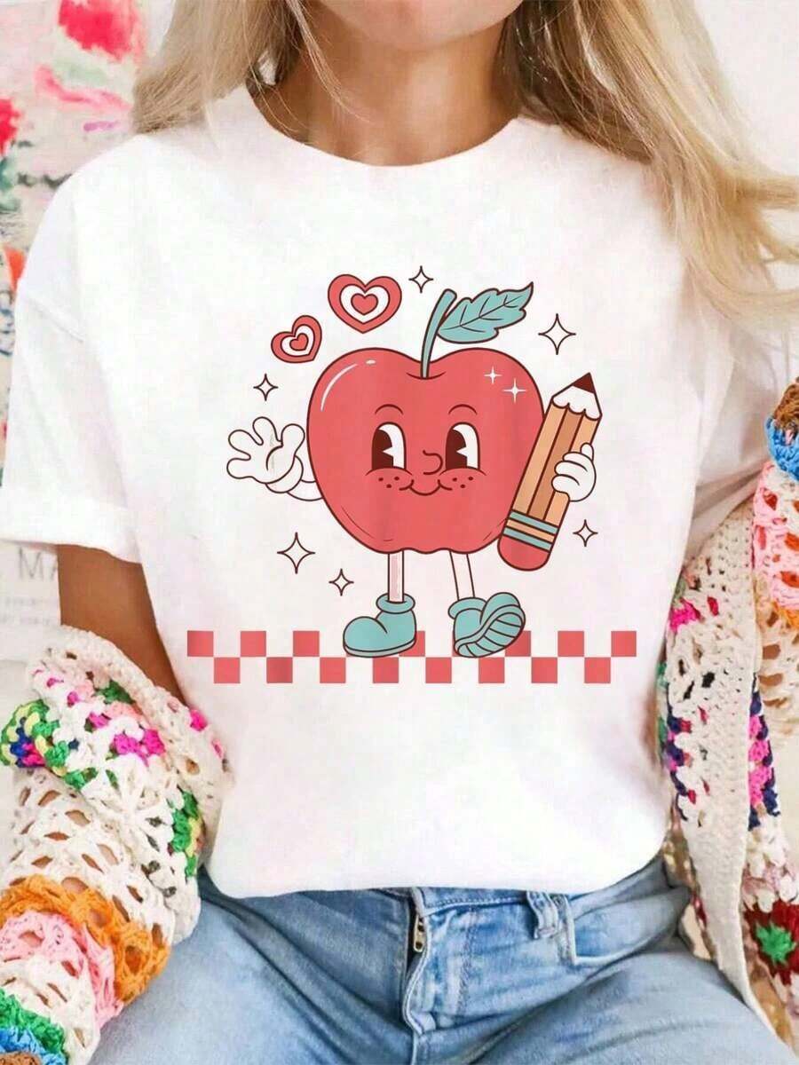 100% Cotton T-Shirt With Retro Apple Plaid Design With Teacher's Face And Pencil, Women's Summer Clothing - Vintage Urban Style, Unisex, Loose Fit, Cotton, Short Sleeve, Round Neck, 100% Cotton - 白色 - 查看 1