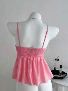 Camiseta de tirantes con volantes de unicolor lindo para damas, ropa de verano para la universidad - Rosa Fucsia - Ver 2