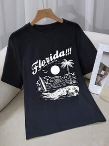 Camiseta Casual de Manga Corta para Mujer - "¡Florida!!"Estampado Gráfico, Corte Holgado, Cuello Redondo, Elasticidad Media, Comodidad para Todas las Temporadas, Blanco con Letras Negras y Diseño de Palmera, Camisetas de Mujer Y2k Camiseta Camisa De - Negro - Ver 10
