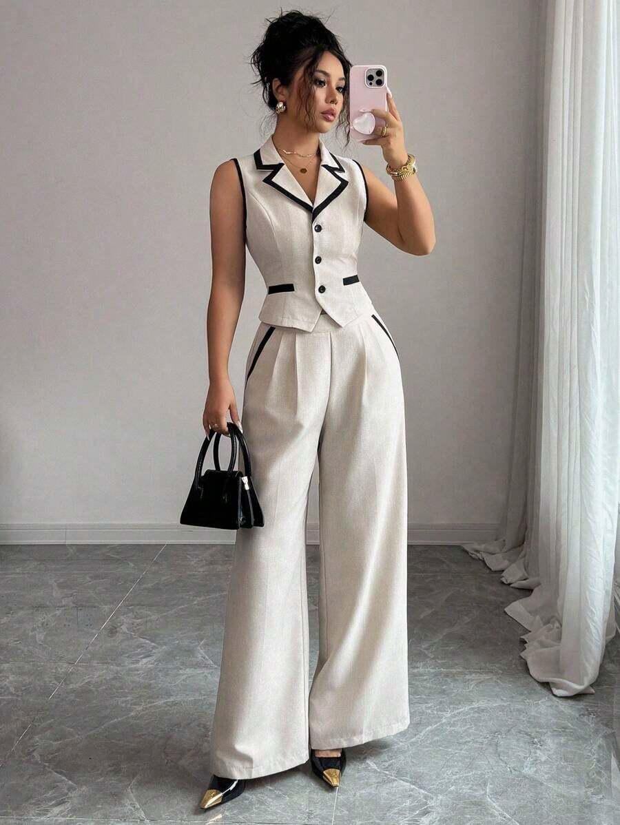 Traje de chaleco y pantalones con ribete de contraste elegante para mujer, todos los atuendos para mujer, de vuelta a la escuela, atuendos de maestra para mujer, vestido de invitada de boda elegante, casual de negocios para mujer, vestido de in - Albaricoque - Ver 1