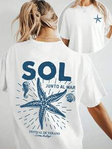 Women's Casual Short Sleeve T-Shirt - Starfish And Seashell Print "SUN BY THE SEA", Loose Fit, Round Neck, Medium Stretch, All Season Comfort, With Lettering, Beach Essential, Y2k Beach T-Shirt - 白色 - 查看 10