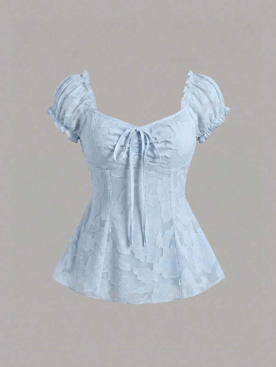 Blusa de gasa con bordado floral elegante, top de verano dulce y encantador para mujeres - Azul - Ver 1