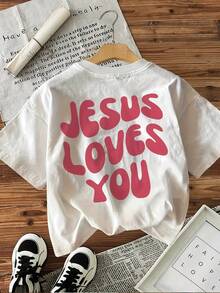 Women's Inspirational T-Shirt, "Jesus Loves You" Letter Print, Short Sleeves, Crew Neck, Casual Top, All-Season Knit Fabric, 100% Cotton, 180 G/M² - Regular Length, Y2k T-Shirt Shirt - 白色 - 查看 3