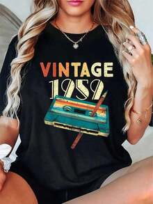 Altamente recomendado: Camiseta casual 100% algodón, diseño vintage de casete de música de 1959, regalo para el 65º cumpleaños, camiseta para personas de 65 años, fácil de combinar. - Negro - Ver 1