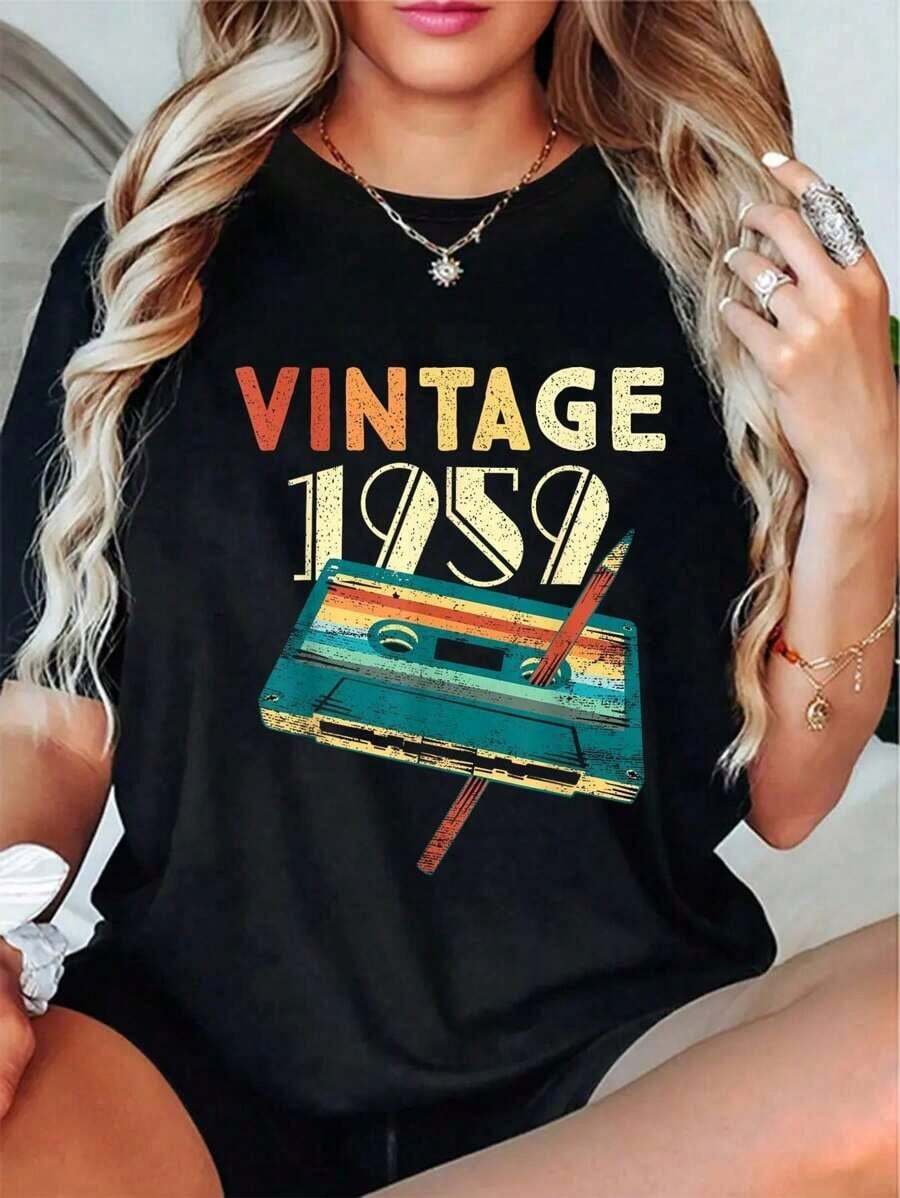 Altamente recomendado: Camiseta casual 100% algodón, diseño vintage de casete de música de 1959, regalo para el 65º cumpleaños, camiseta para personas de 65 años, fácil de combinar. - Negro - Ver 1