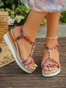 1 đôi sandal đế xuồng phong cách Bohemian mùa hè dành cho thanh thiếu niên, quai đan hoa nhiều màu sắc với trang trí đá lấp lánh, giày casual thời trang. - Đỏ - Xem 6