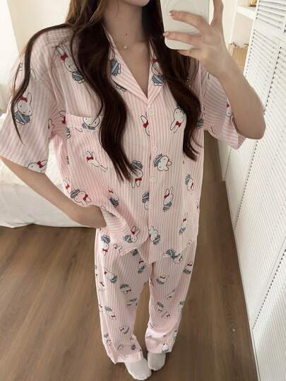 Gongdie Bộ đồ ngủ Miffy 3 món dành cho nữ, áo tay ngắn in sọc và quần short + quần dài, bộ đồ ngủ mềm mại thoải mái.