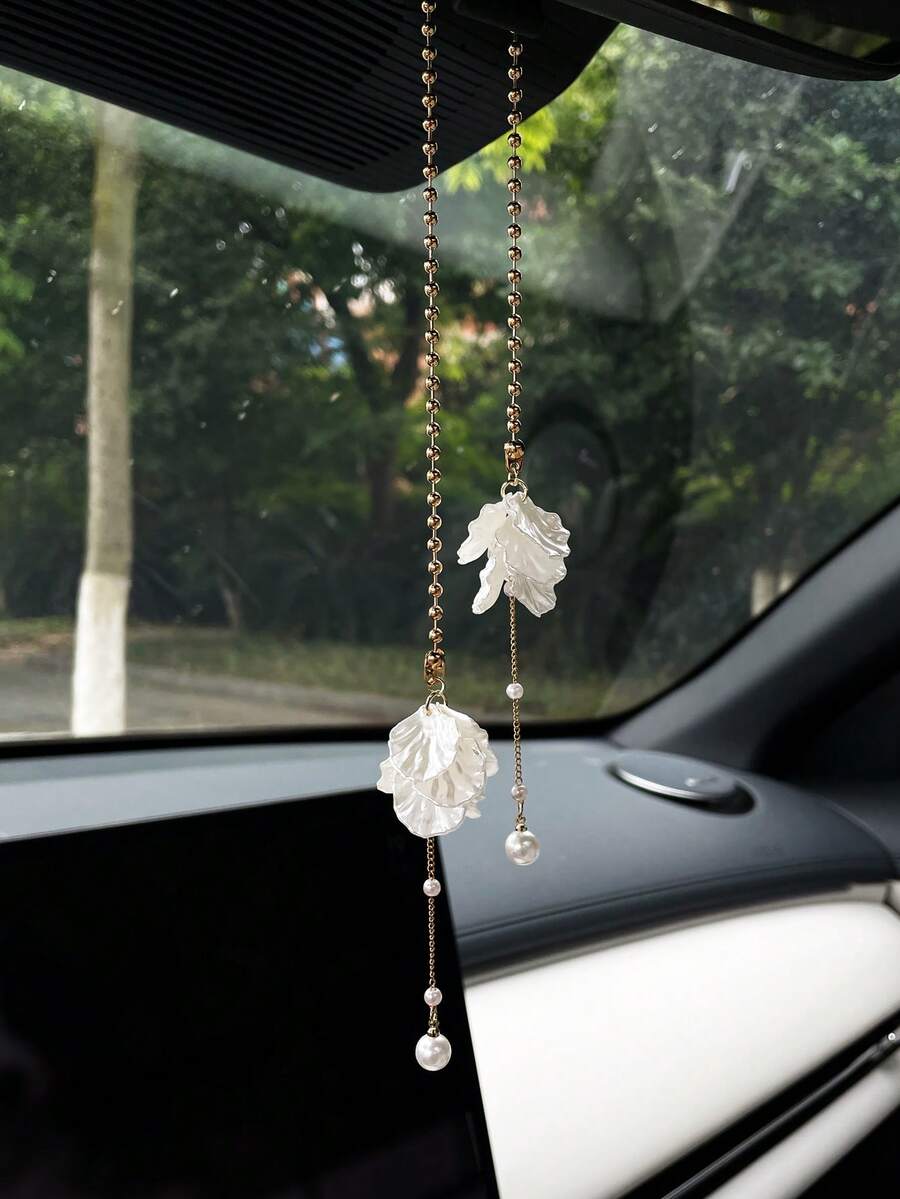 白色仿贝壳花瓣汽车挂饰，创意汽车悬挂装饰，后视镜装饰品，汽车内饰配件 - A - 查看 1