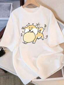 Camiseta femenina de verano 2026 100% algodón. Corte holgado, cuello redondo y manga corta, con estampado de dibujos animados. Prenda cómoda y versátil, ideal para uso diario durante todo - Blanco - Ver 5