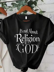 Trebalena Women's Plus Size T-Shirt With The Phrase "It's Not A Religious Issue, It's A Relationship With God" - Religious Themed T-Shirt, 100% Loose Fit, Short Sleeve, Round Neck, Casual, For Everyday Summer Wear. - 黑色 - 查看 7