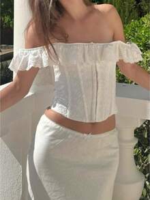 Women's Corset Off-Shoulder Tops Trendy Eyelets Ruffles Tie up Shirts Blouses for Going out Streetwear - Blanco - Ver 1