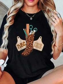 1 Piece, 100% Cotton, ABC 123 Western Teacher Life Cowboy Cowgirl Teaching T-Shirt For Women, Summer Clothing For Women, 100% Cotton. - 黑色 - 查看 1